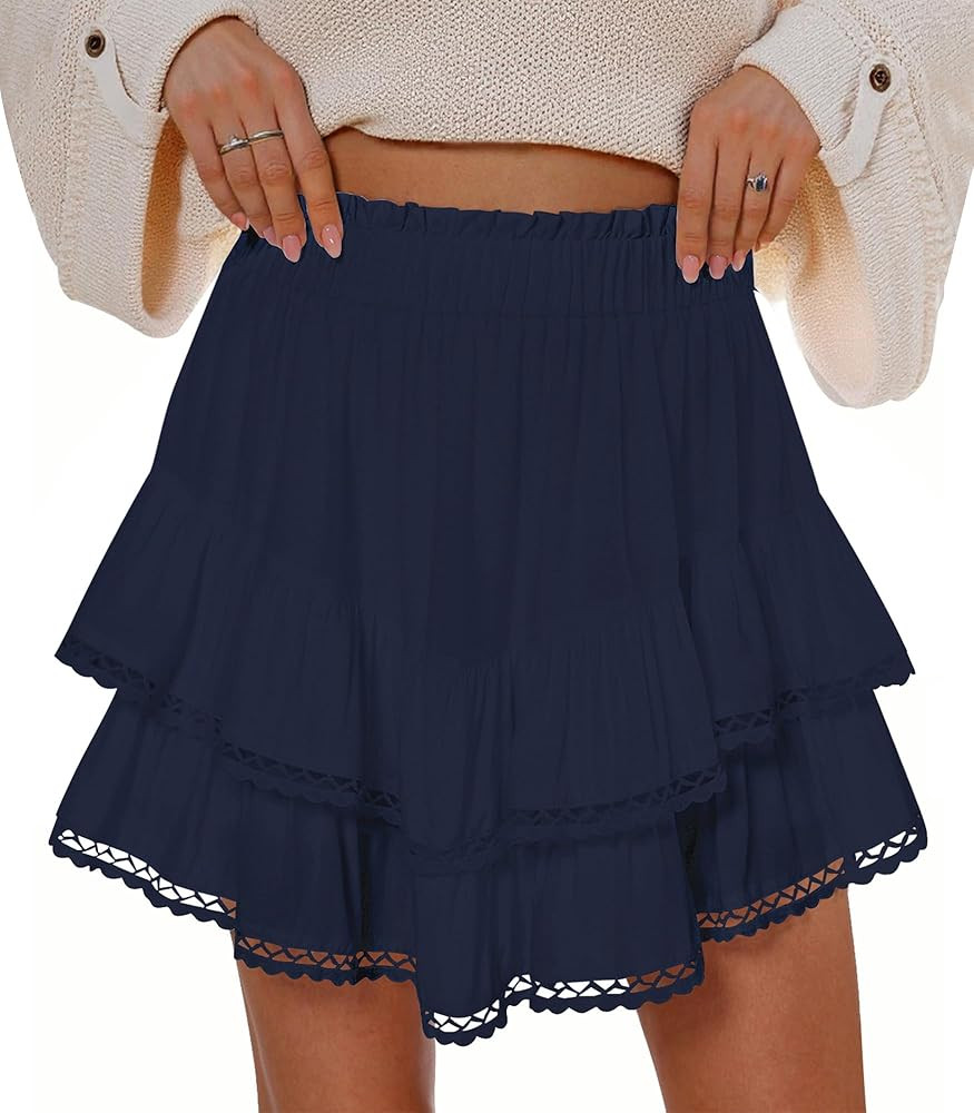 Flowy Shorts for Women Summer Casual Lace Skorts Boho High Waist Tiered Ruffle Mini Skirts | Amazon (US)