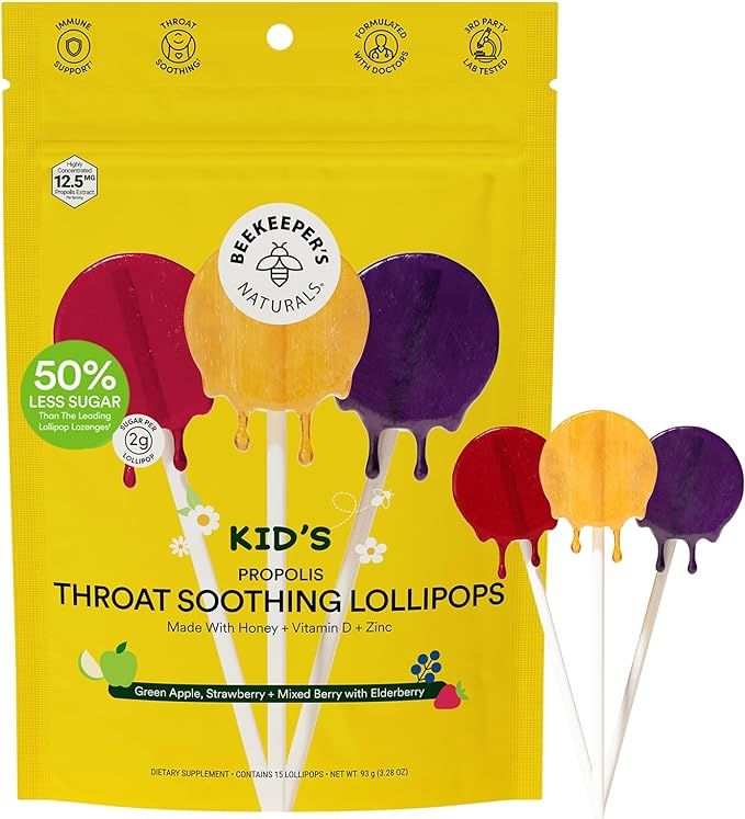 Beekeeper's Naturals Kids' Throat Soothing Lollipops Immune Support with Propolis, Vitamin D, Zin... | Amazon (US)