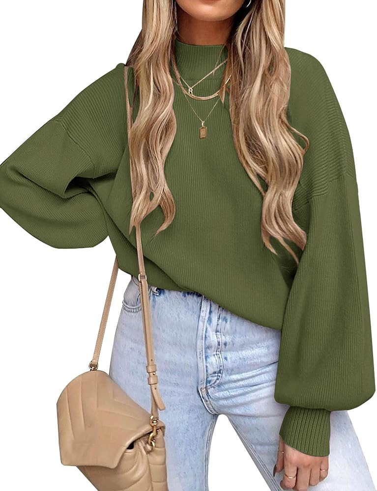 ZESICA Women's Casual Turtleneck Long Lantern Sleeve Oversized Ribbed Knit Pullover Sweater Jumper T | Amazon (US)