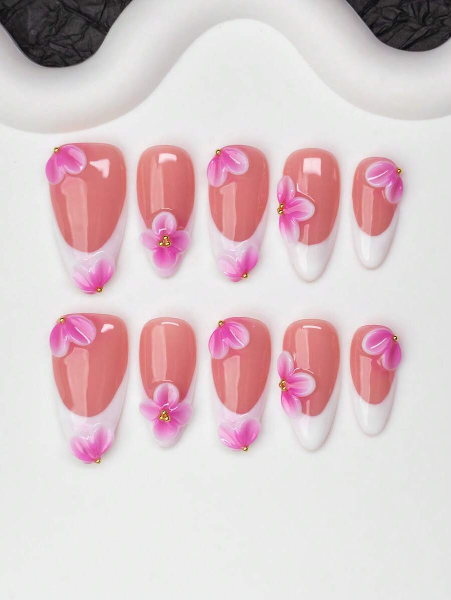 10pcs/Set Handmade Almond-Shaped Y2K Baddie Style Nail Tips, White & Nude Color French Tip With C... | SHEIN