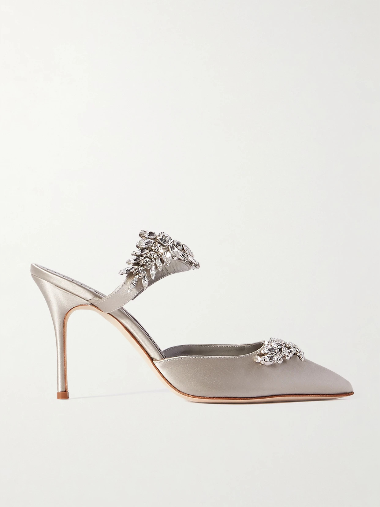 Manolo Blahnik - Lurum 90 Crystal-embellished Satin Mules - Gray | NET-A-PORTER (US)