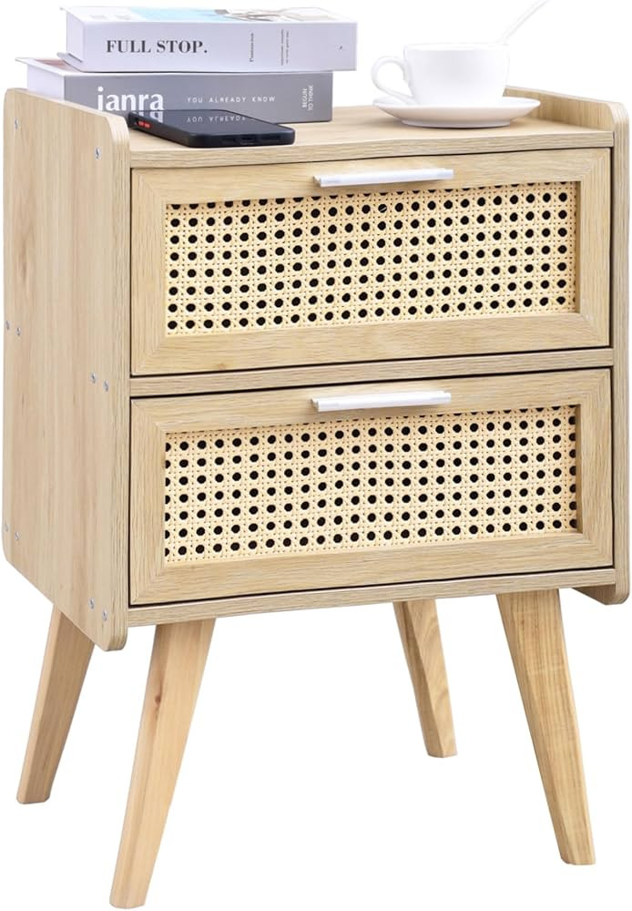 HHETOGOL Rattan Nightstand,Boho Nightstand with 2 Rattan-Like Decor Drawers,Small Nightstand with So | Amazon (US)