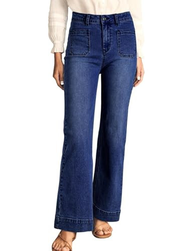 Astylish Womens Pull On Jeans High Waisted Wide Leg Baggy Jean for Women Stretch Denim Pants with Patch Pockets Navy Blue Size 2 | Amazon (US)