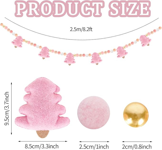 Whaline Christmas Felt Garland 3D Pink Xmas Tree Pom Ball Banner Holiday Decorative Hanging Bunti... | Amazon (US)