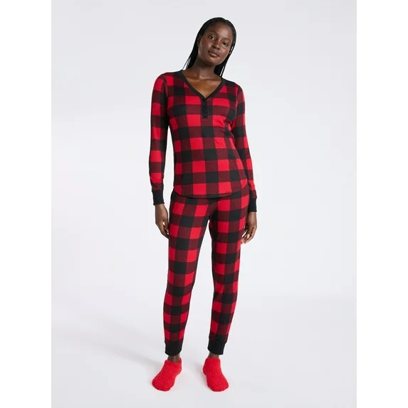 Joyspun Women's Waffle Knit Henley Sleep Top, Joggers and Socks Pajama Set, 3-Piece, Sizes XS-3X | Walmart (US)