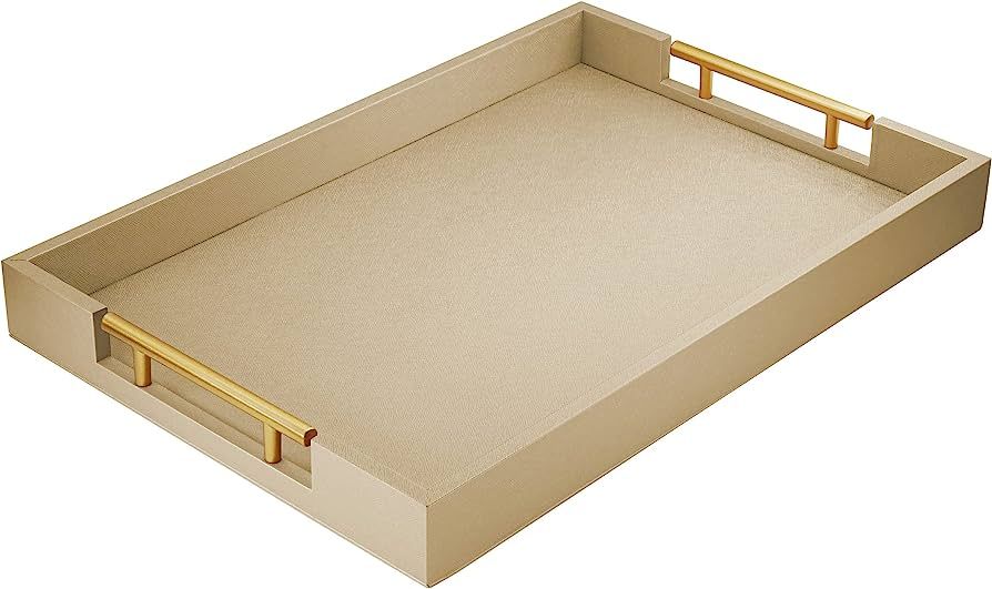 17" x 12" Wood Serving Tray with Gold Polished Metal Handles, Home Decorative Wooden Rectangle Ot... | Amazon (US)