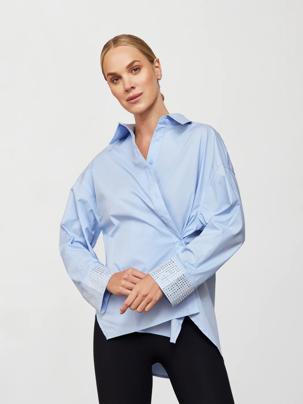 Carbon38 Rhinestone Oversized Button Up Shirt - Blue With Silver Rhinestones - Size XS | Carbon38