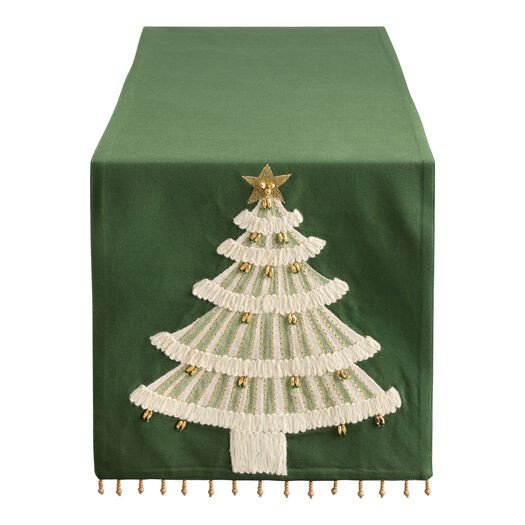 Green and Gold Christmas Tree Embroidered Beaded Table Runner by World Market | World Market
