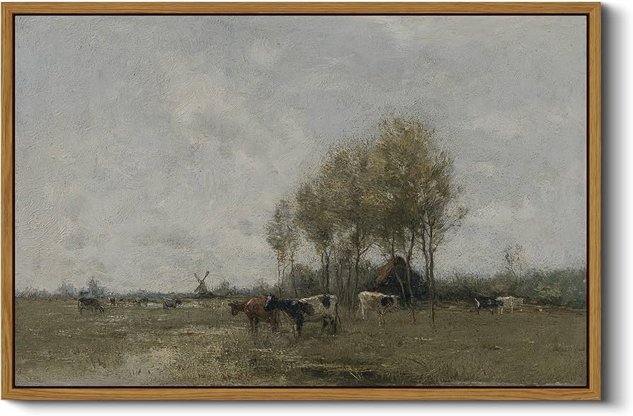 ARPEOTCY Vintage Country Large Framed Wall Art, Meadow with Cows Retro Painting Decor, Canvas Pri... | Amazon (US)