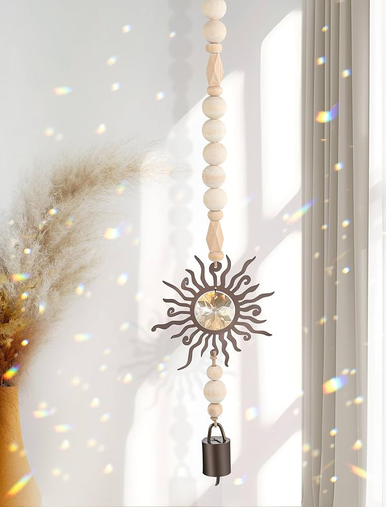 Wooden Wind Chimes with Suncatcher, Boho Hanging Windchimes Sun Catcher Home Decor, and Clear Cry... | Amazon (US)