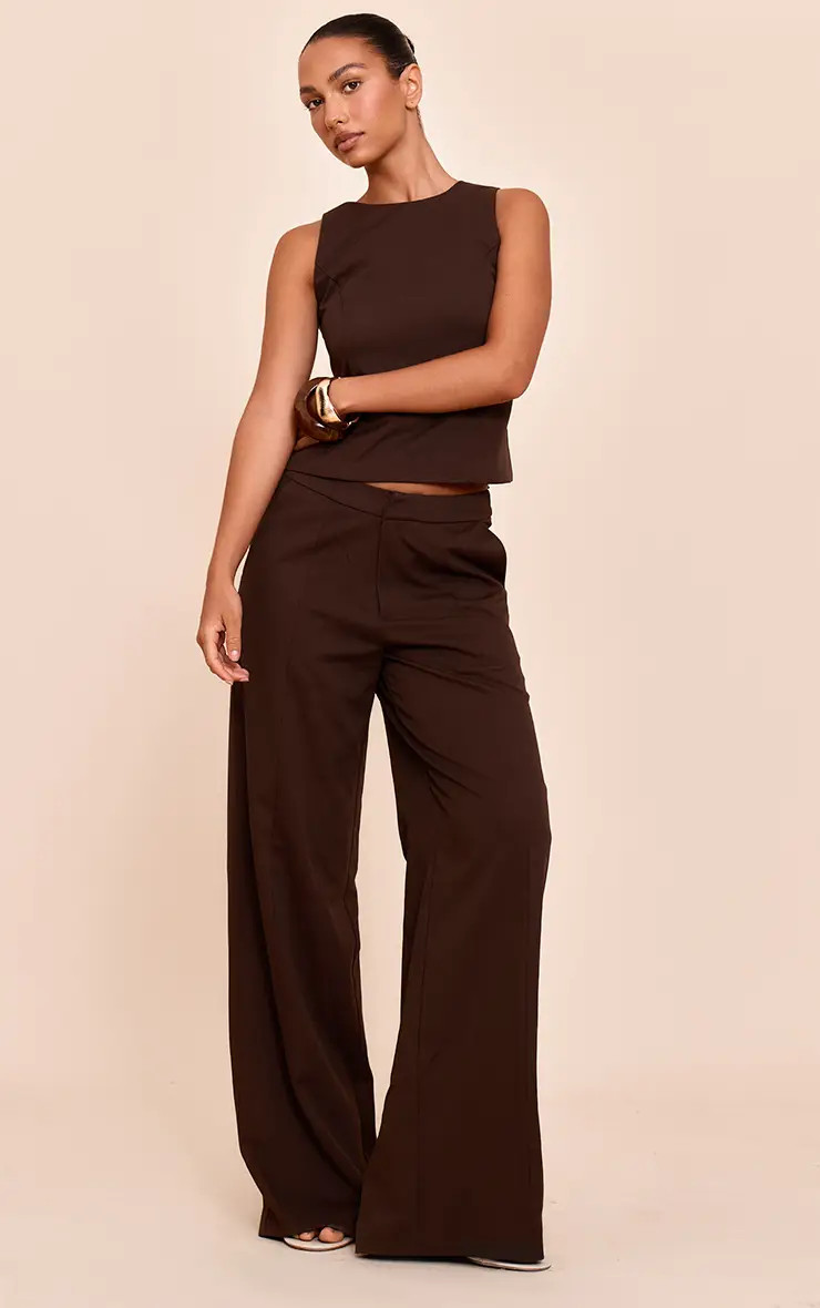 Dark Brown Woven Pintuck Wide Leg Trousers Co-ord | PrettyLittleThing USA | PrettyLittleThing US