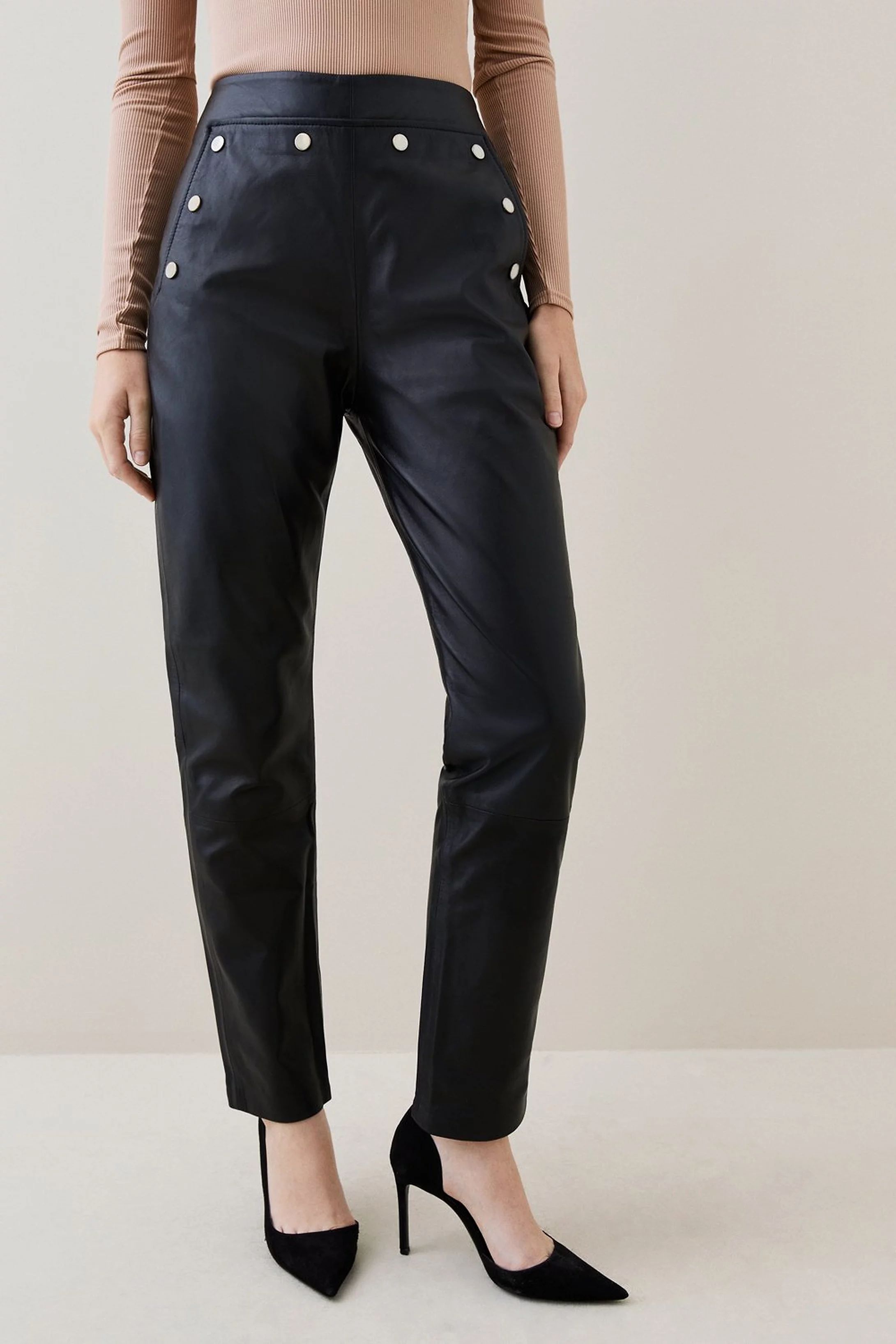 Leather Button Detail Trouser | Karen Millen UK + IE + DE + NL