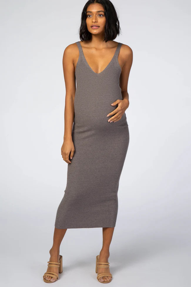 Heather Grey Sleeveless V-Neck Maternity Sweater Dress | PinkBlush Maternity