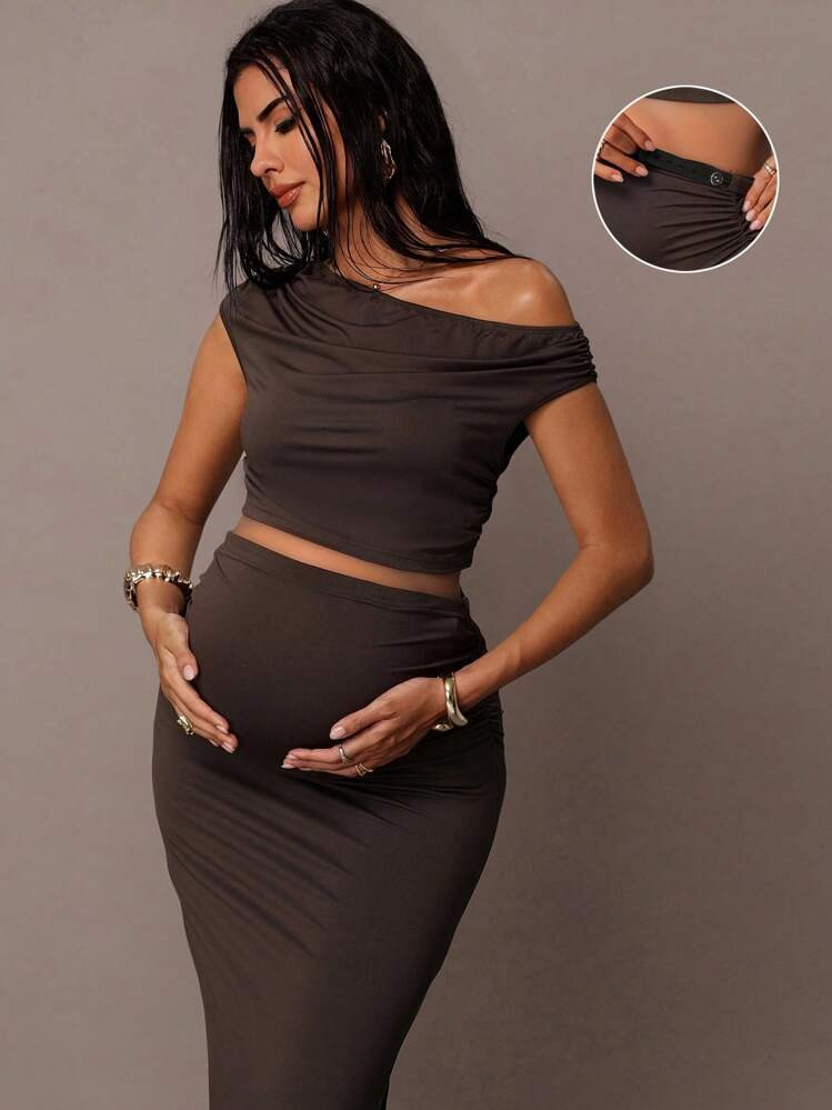 MaterniChic Maternity Solid Color Ruched Asymmetric Blouse And Skirt Set, Elegant 2 Pieces Outfit Fall Women Clothes Baby Shower Party Outfit | SHEIN