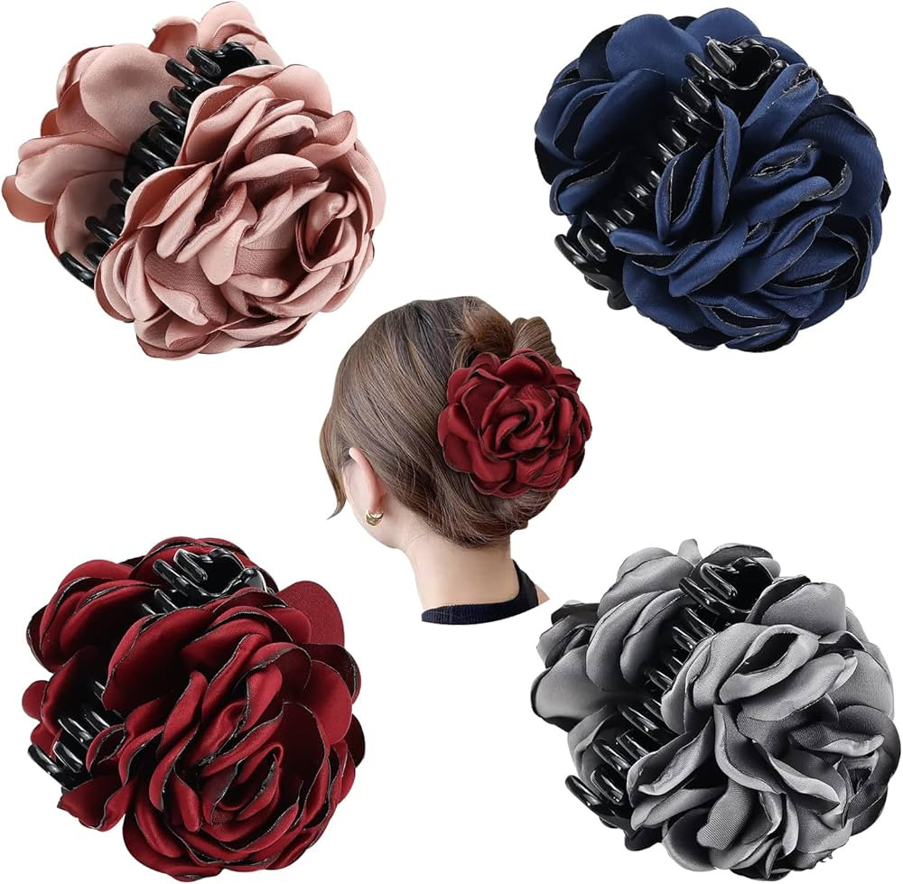 Cinaci 4 Pack Black Plastic Hair Claws with Big Large Rose Flower Floral Bow Clips Barrettes Clam... | Amazon (US)