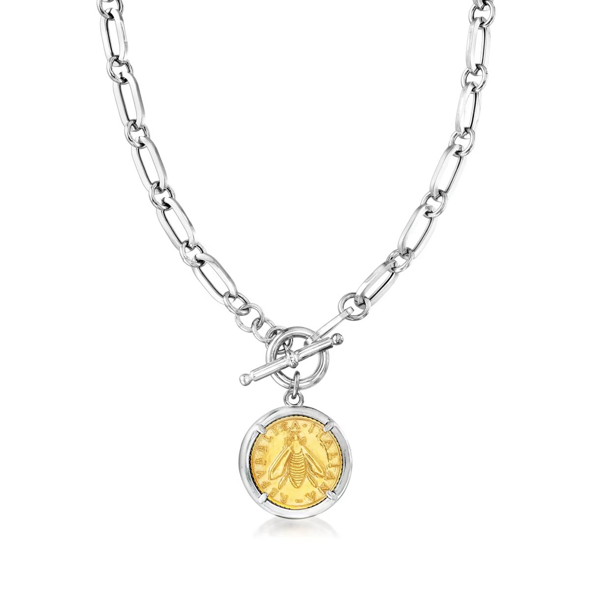 Italian Replica Bumblebee Lira Coin Necklace in Two-Tone Sterling Silver | Ross-Simons