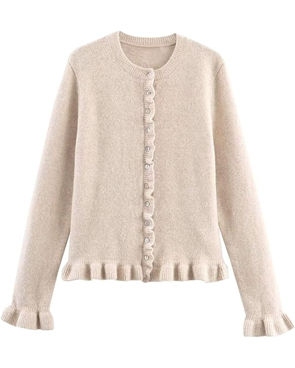 FindThy Women’s Cropped Cardigan Sweater Trendy Crewneck Ruffle Long Sleeve Button Down Knitwea... | Amazon (US)