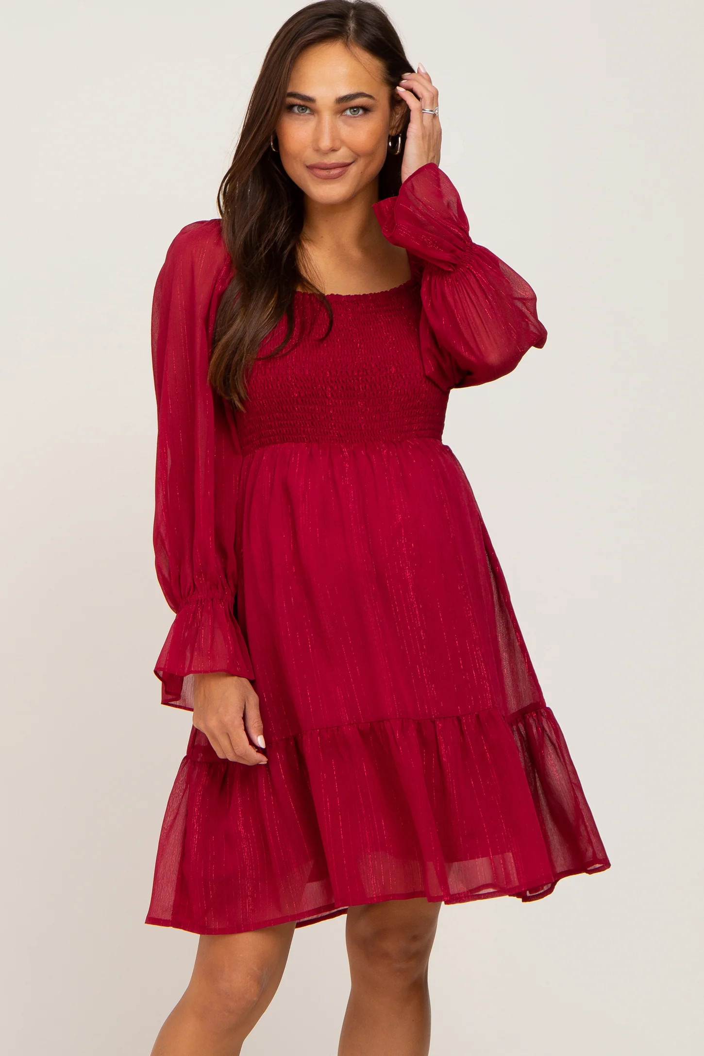 Burgundy Metallic Stripe Smocked Maternity Dress | PinkBlush Maternity
