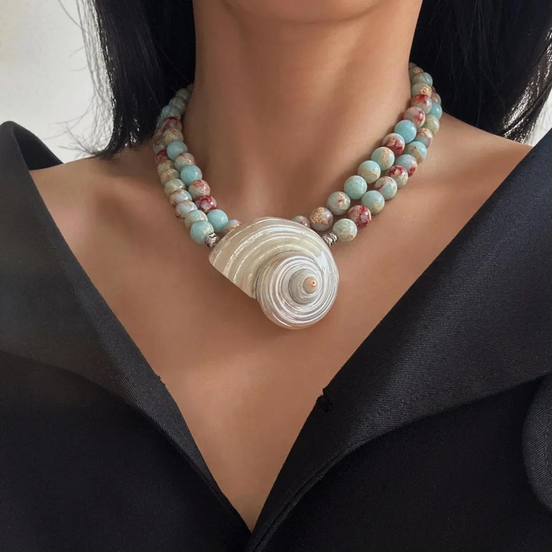 Double Strand Seashell Choker Necklace • White Shell & Aqua Terra Jasper • Unique Gifts for W... | Etsy (DACH)