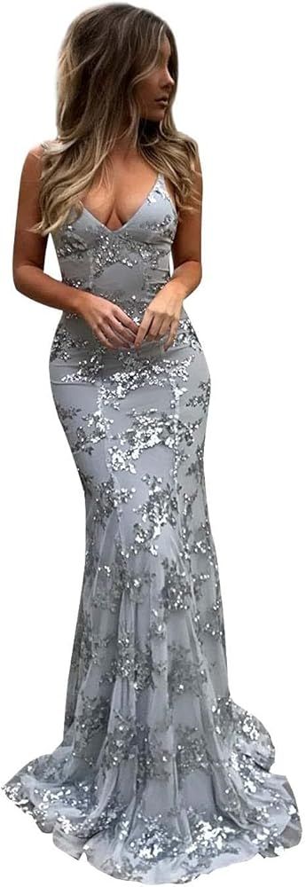 Spaghetti Straps Sequin Prom Dresses 2023 Sequin Sexy Backless Mermaid Long Formal Gowns RPM016 | Amazon (US)