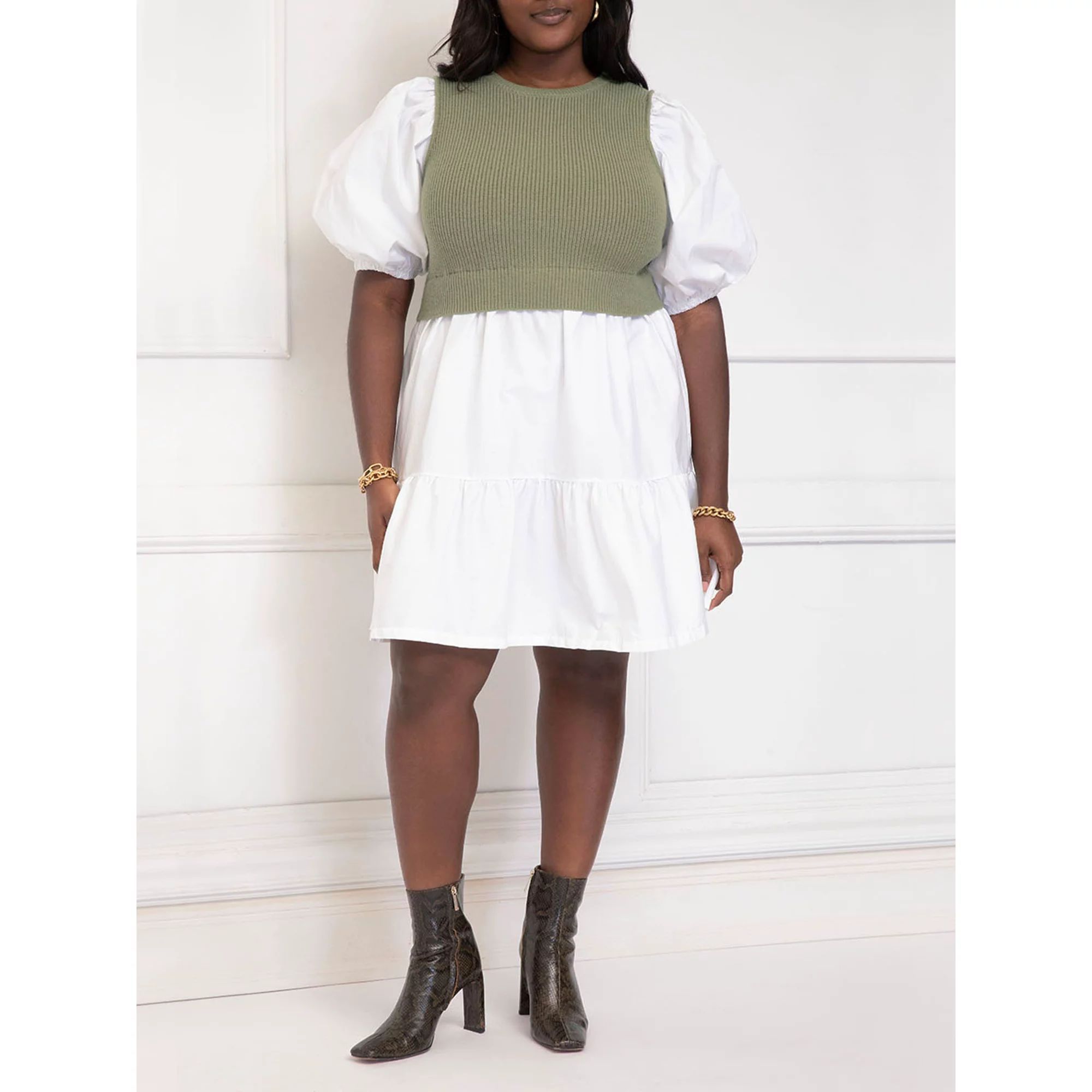 ELOQUII Elements Women's Plus Layered Look Poplin Dress with Sweater | Walmart (US)