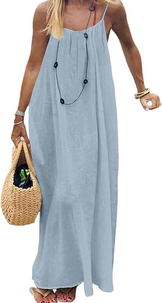 ASKHOPE Women's Backless Dress Spaghetti Strap Maxi Dress Summer Casual Flowy Vacation Beach Sundress Blue XL at Amazon Women\u2019s Clothing store | Amazon (US)