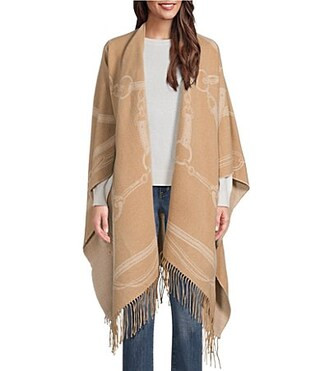 Lauren Ralph Lauren Wool Blend Equestrian Jacquard Oversized Fringed Ruana - One Size | Dillard's