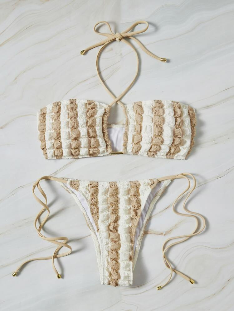 Colorblock Bubble Textured Print Bikini Set Halter Bra & Tie Side Thong Bottom 2 Piece Bathing Su... | SHEIN