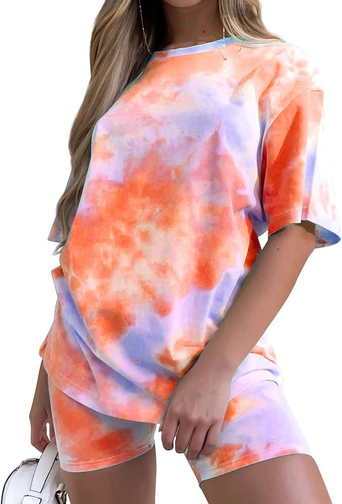 Women's Tie-Dye Set Two-Piece Outfits Summer - Casual Two Piece Short Set Short Sleeve T Shirts | Amazon (US)