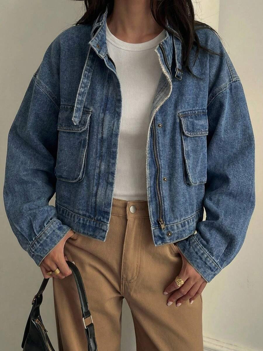 FRIFUL Women's Casual Washed Denim Jacket With Stand Collar Cropped Denim Jacket Crop Jean Jacket... | SHEIN