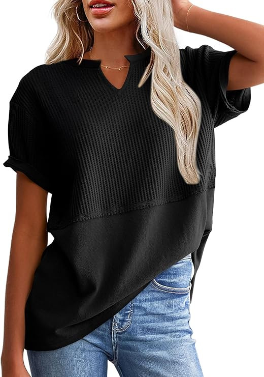 SHEWIN Womens Casual V Neck Waffle Knit Tops Short Sleeve T Shirts Loose Blouses | Amazon (US)