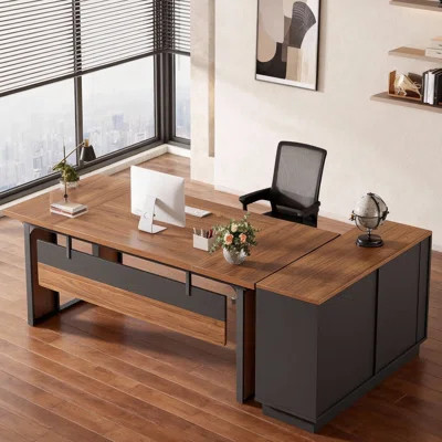 63-Inch Modern L-Shaped Desk – Brown & Black Home Office Furniture with 47-Inch File Cabinet, Drawers & Storage | Wayfair North America