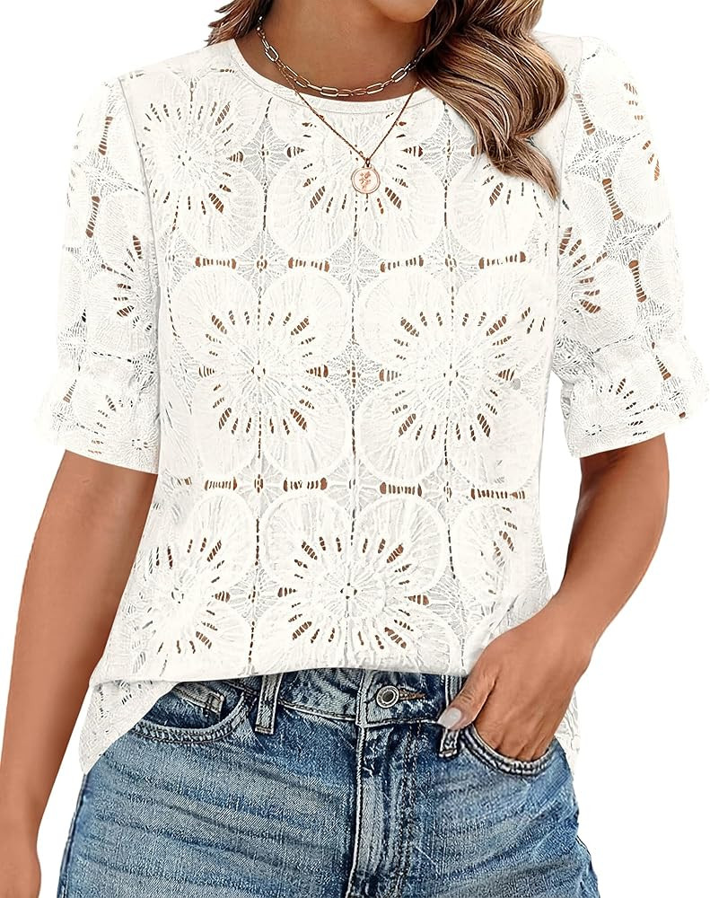 KIRUNDO Lace Tops for Women Blouses Dressy Casual Boho Eyelet Puff Short Sleeve Shirts Spring Sum... | Amazon (US)