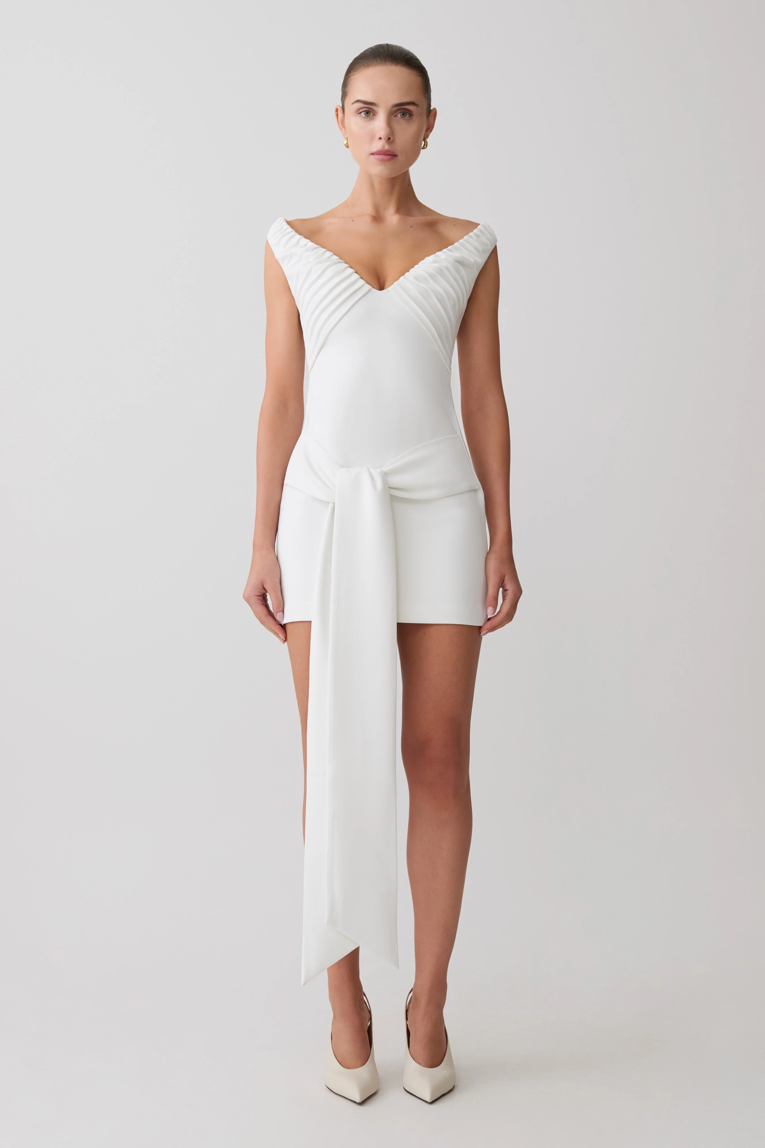 Off Shoulder Mini Dress With Waist Tie - White | MESHKI US