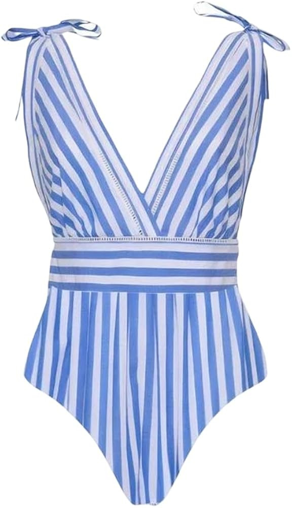 Women Striped One Piece Swimsuit V Neck Bodysuit Swimwear Beachwear | Amazon (US)