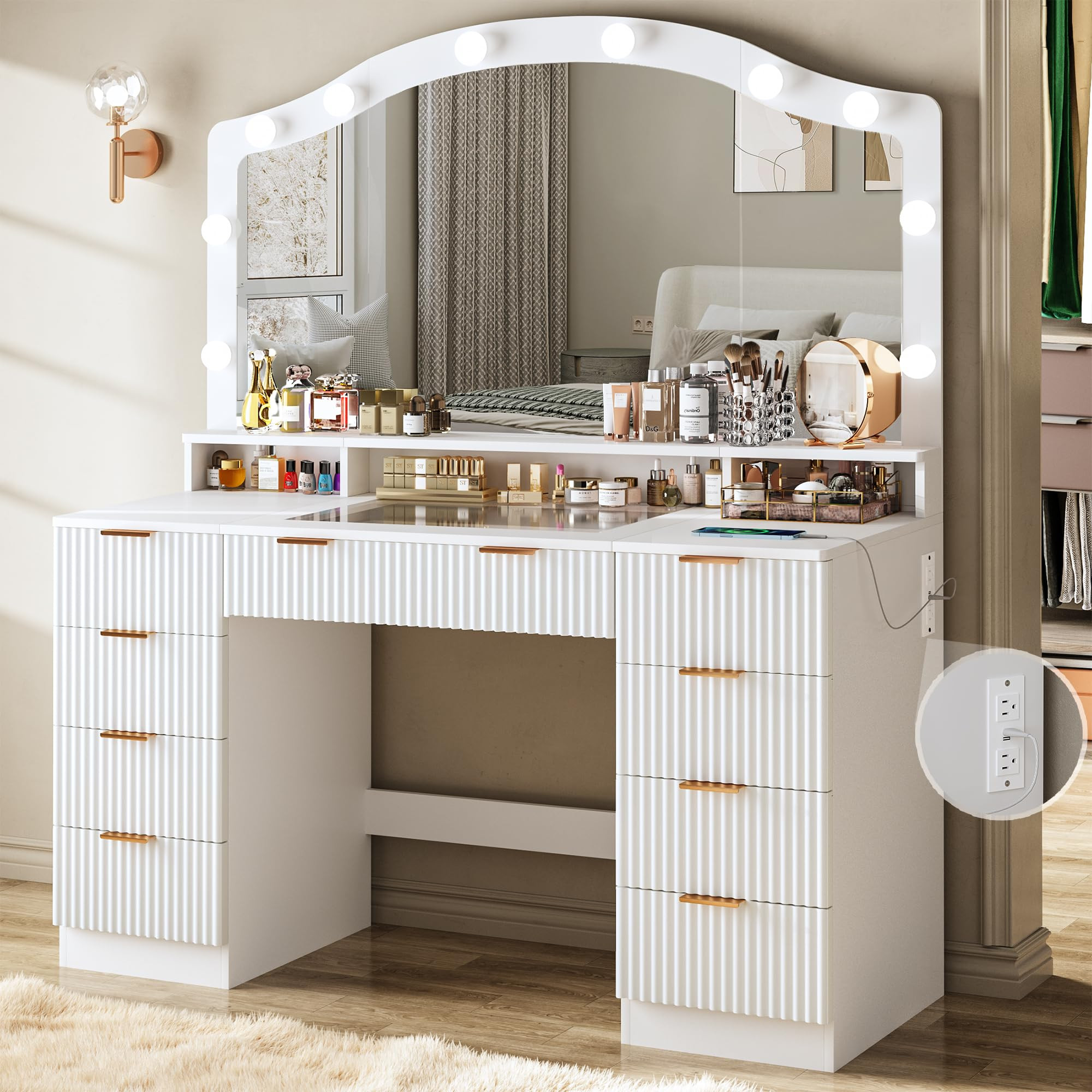 46" Fluted Vanity Desk with Large Mirror and Lights, Makeup Vanity Desk with Glass Top & Power Ou... | Amazon (US)