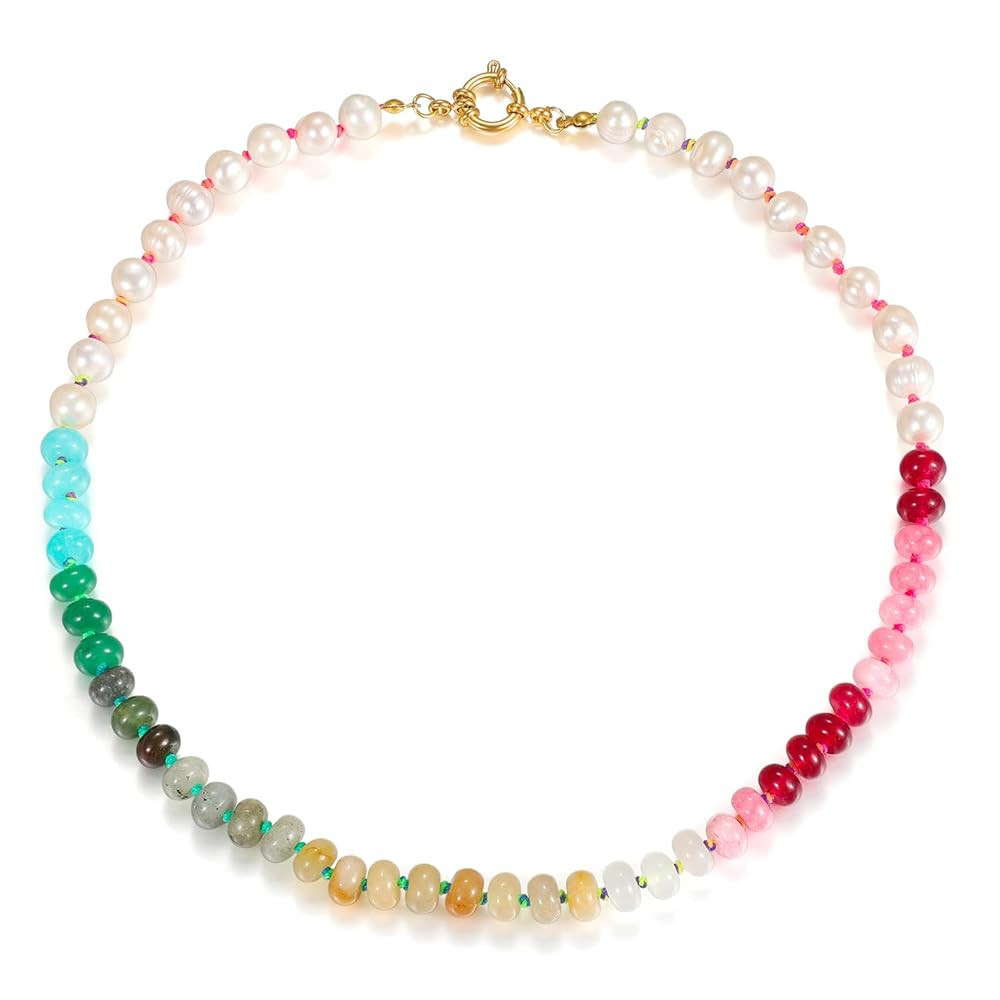 Beaded Gemstone Necklace for Women, Colorful Boho Bead Choker Necklace Natural Stone Freshwater P... | Amazon (US)