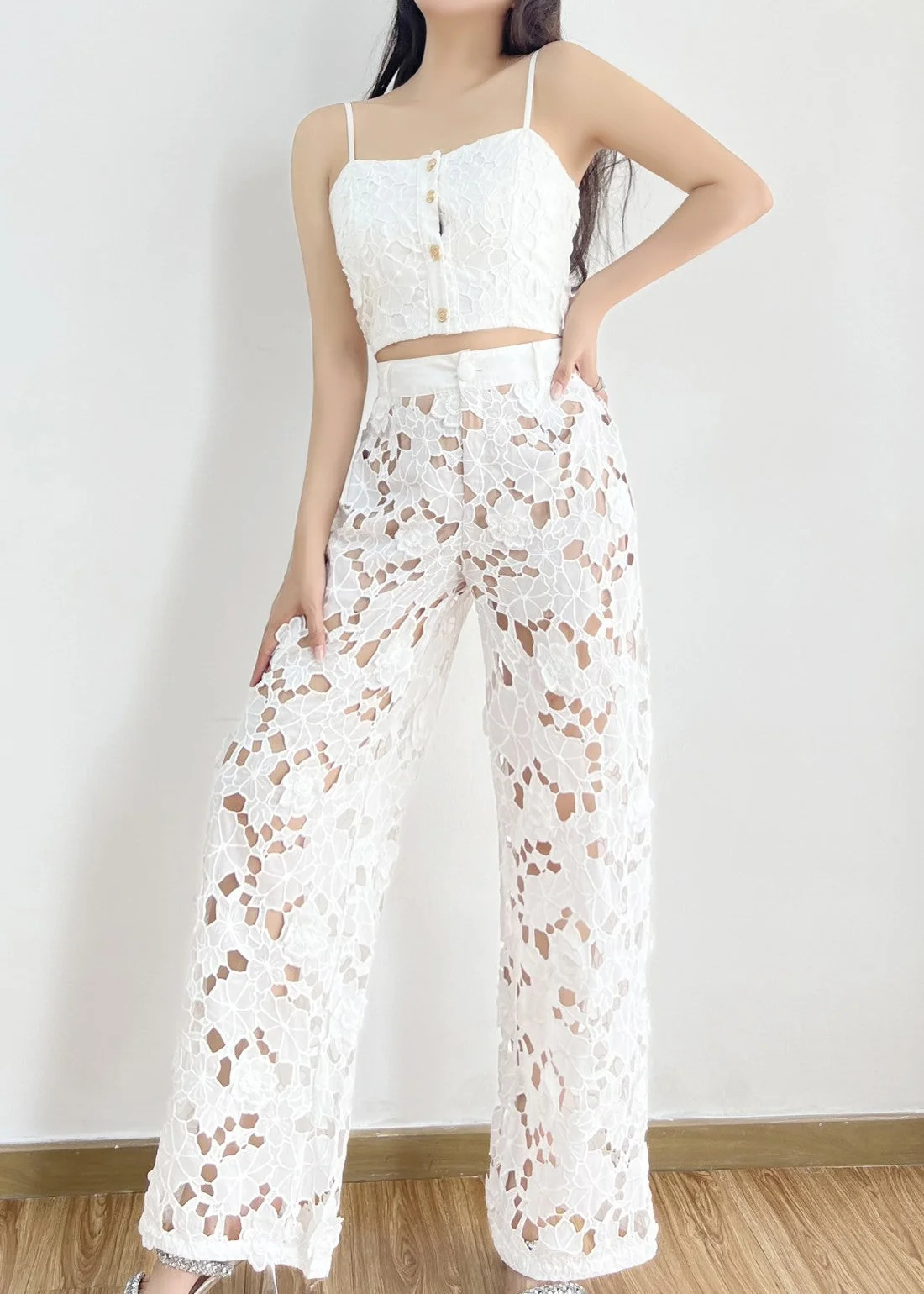 Henrie White Floral Embroidered Mesh Lace Wide Leg Pants | Benaar La