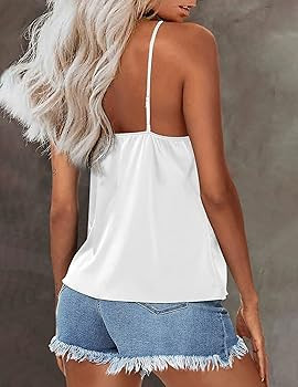 Ekouaer Womens Silk Satin Tank Top V Neck Camisole Cami Spaghetti Strap Top Summer Basic Blouses | Amazon (US)