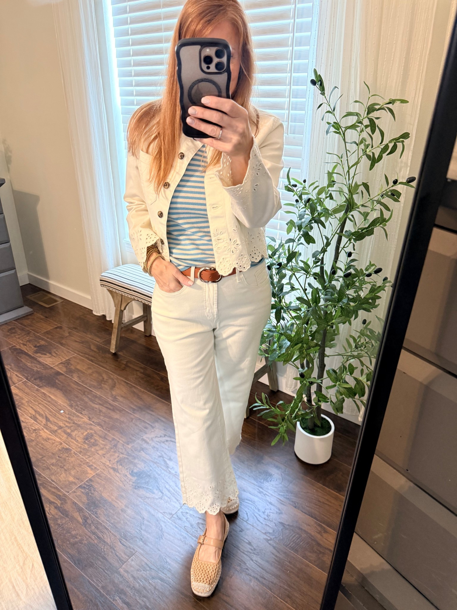 This is how you layer without adding bulk.
The striped tank keeps it classic, the white pants feel fresh for spring, and that eyelet jacket adds just enough detail to make the whole outfit feel styled.
Each piece works on its own… but together it creates that effortless, pulled-together look.
Easy for spring and perfect to transition into summer.
Everything is linked here so you can mix and match these pieces without overthinking it ✨ 
Jacket- small - Walmart
Tank - small - Walmart
Pants - size 4 - Walmart 
Shoes- Walmartt
#over40style #easystyle #momstyle #outfitideas #springstyle
spring layering outfits for women over 40, white pants outfit ideas, striped top outfits, affordable fashion finds, simple outfit inspiration