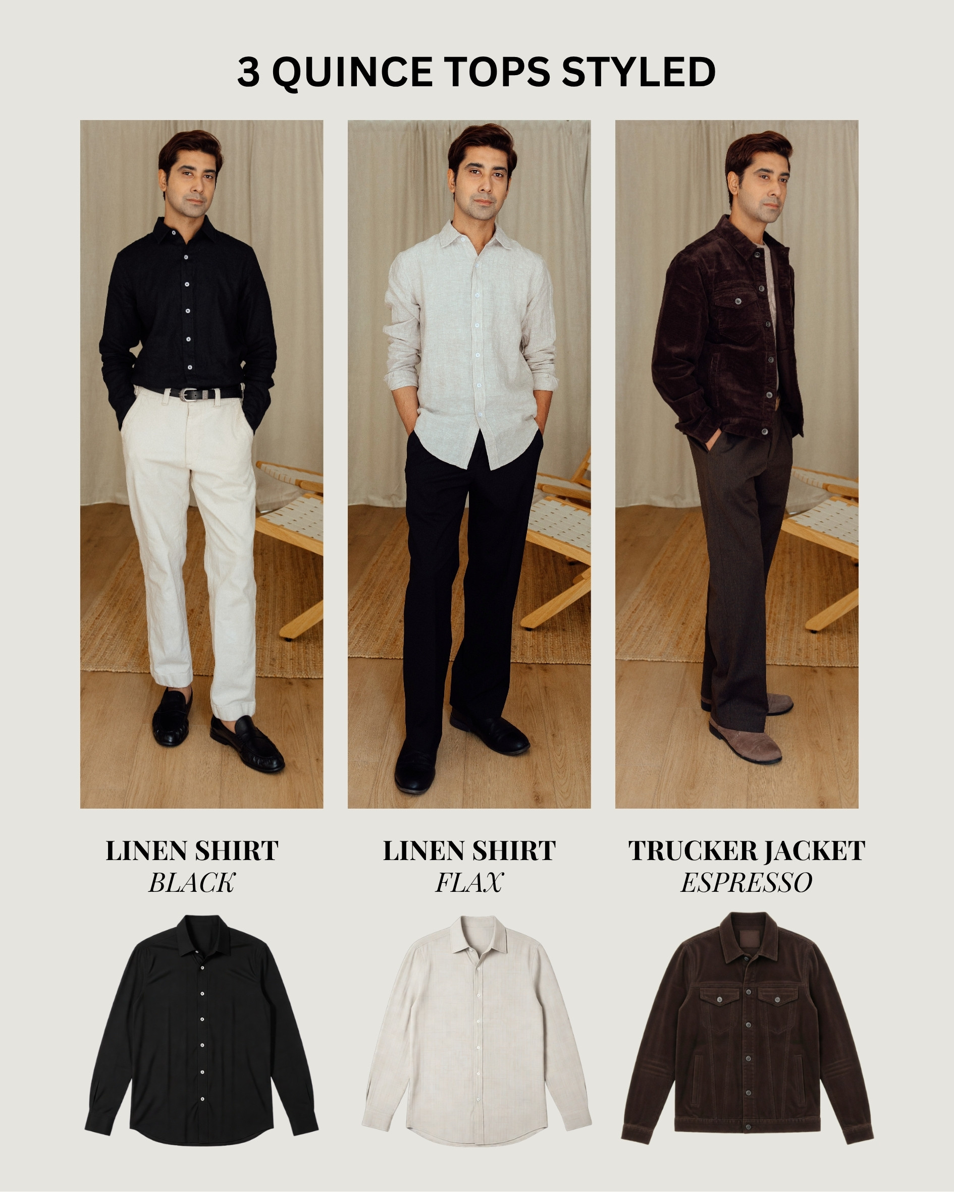 3 Quince tops Styled 

European Linen Shirt in Black, European Linen Shirt in Flax & Organic Stretch Corduroy Trucker in Espresso. all linked below. #QuincePartner @onequince
 

 #LTKootd #LTKMens
