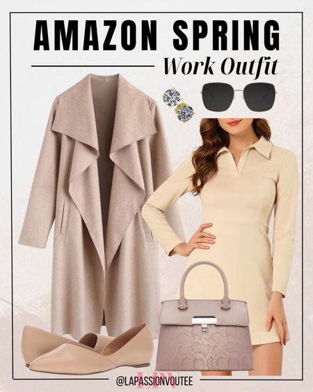 Transition into spring with effortless style! Embrace the season in a luxurious faux suede dress layered under a classic open-front trench coat. Accentuate with dainty stud earrings and chic sunglasses. Carry your essentials in a trendy handle bag and step out in comfort with slip-on ballet flats. Effortless elegance awaits!

#LTKstyletip #LTKworkwear #LTKSeasonal