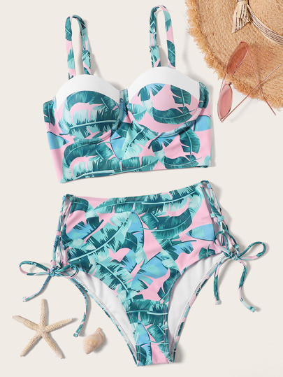 Random Leaf Print Bustier Top With Tie Side Bikini | SHEIN