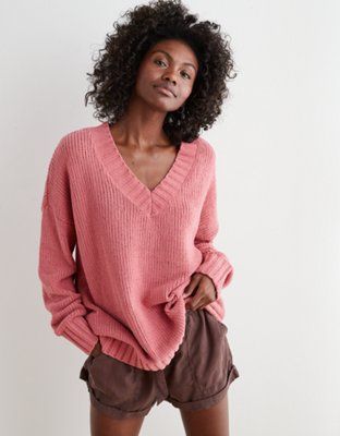 Aerie Chenille V-Neck Oversized Sweater | American Eagle Outfitters (US & CA)