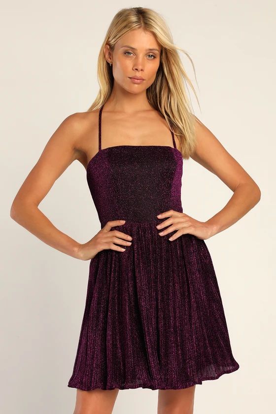 Party Era Purple Sparkly Lace-Up Pleated Skater Dress | Lulus (US)