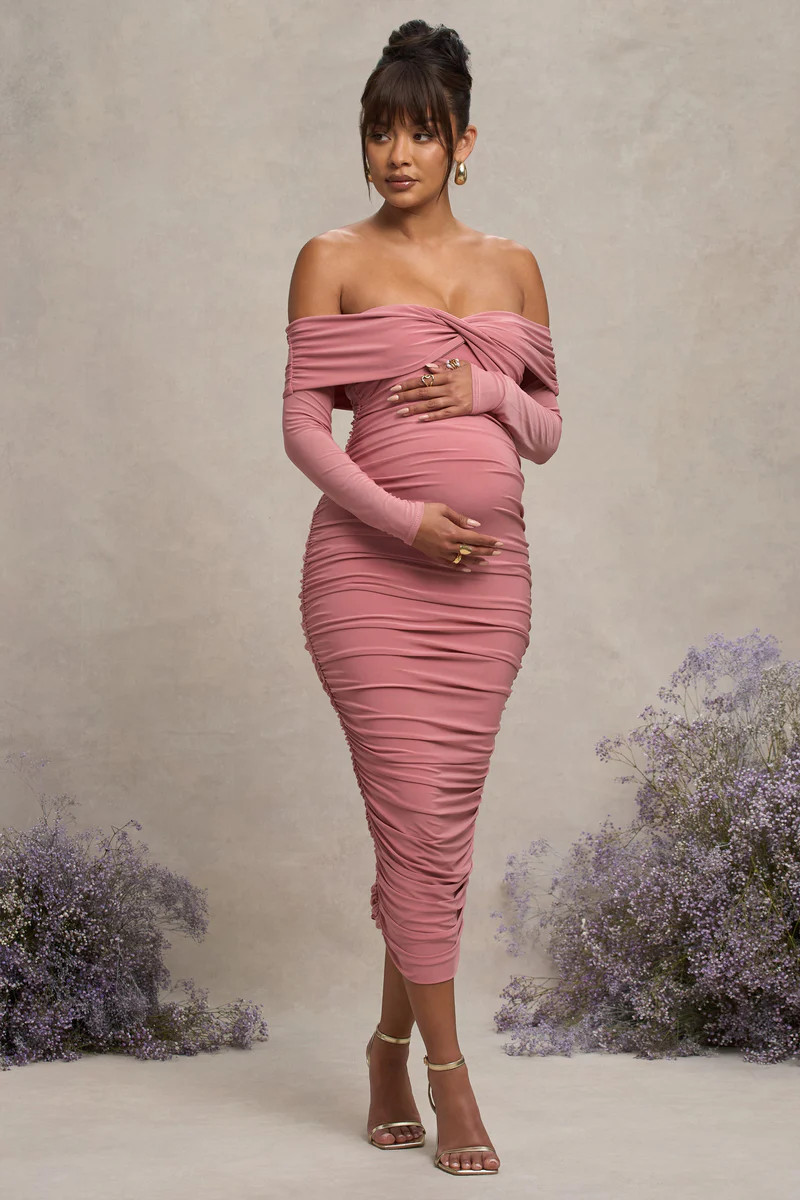 Neva  Blush Bardot Twist Maternity Midi Dress | Club L London