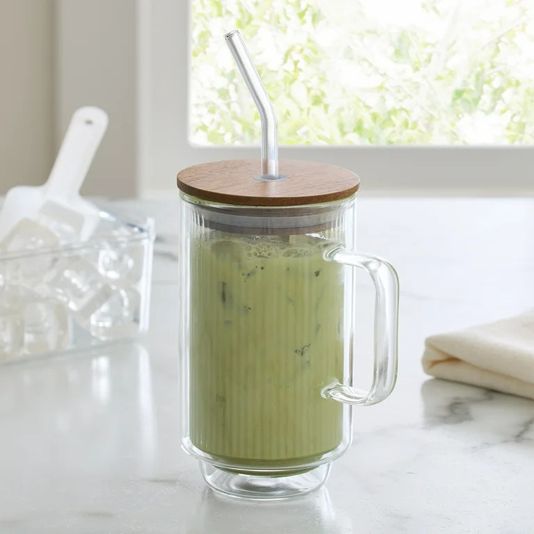 Better Homes & Gardens Ribbed 14.5 oz Double Wall Glass Mug with Handle with Acacia Wood Lid, Gla... | Walmart (US)