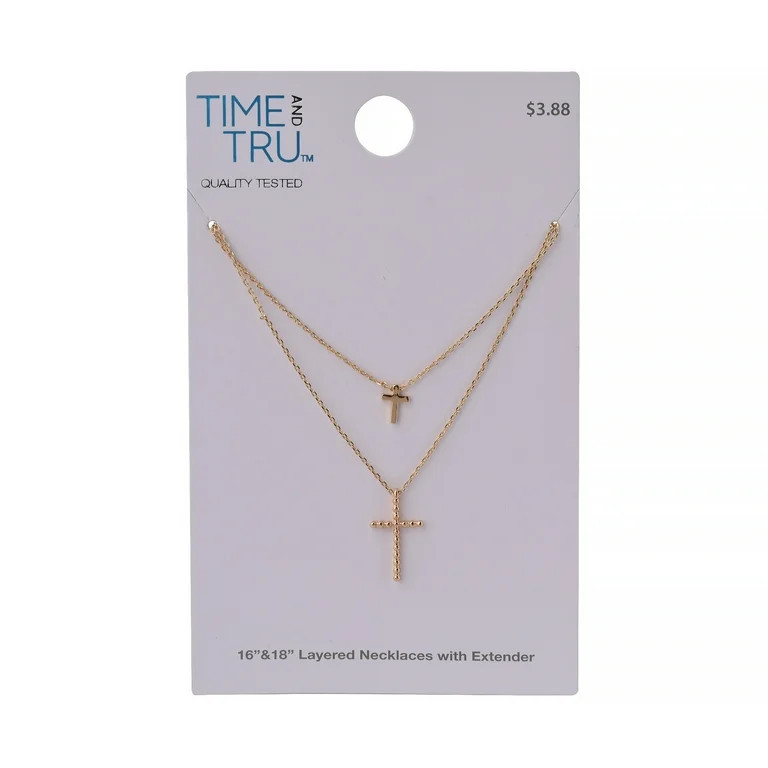 Time And Tru Women's Gold Tone Cross 2-Row Pendant Necklace | Walmart (US)