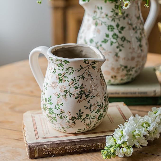 Vintage White and Green Floral Ceramic Vase with Handle, Retro Ice Glazed Crack Farmhouse Pitcher... | Amazon (CA)