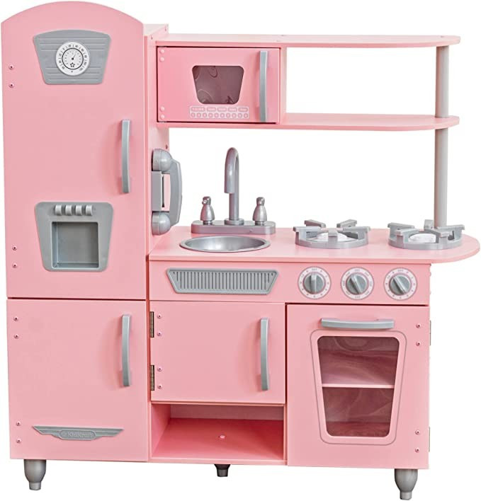 Amazon.com: KidKraft Vintage Wooden Play Kitchen with Pretend Ice Maker and Play Phone, Pink, Gif... | Amazon (US)